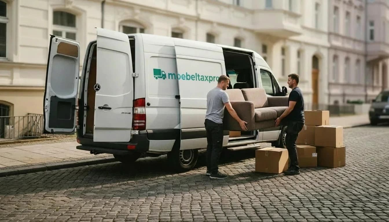 Möbeltaxi24 Mover laden ein Sofa in einen weißen Sprinter